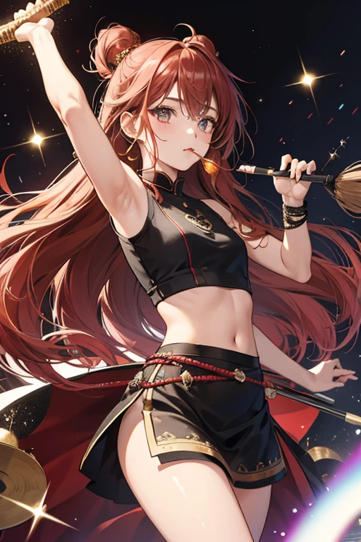 Chousakutchi resembles a drummer armed with a set of seven drums. She has long chestnut hair with a fringe and two side-partings, and small eyes, nose and mouth. She wears a black top and has drumsticks in both her hands. SPARKLE; GLITTER