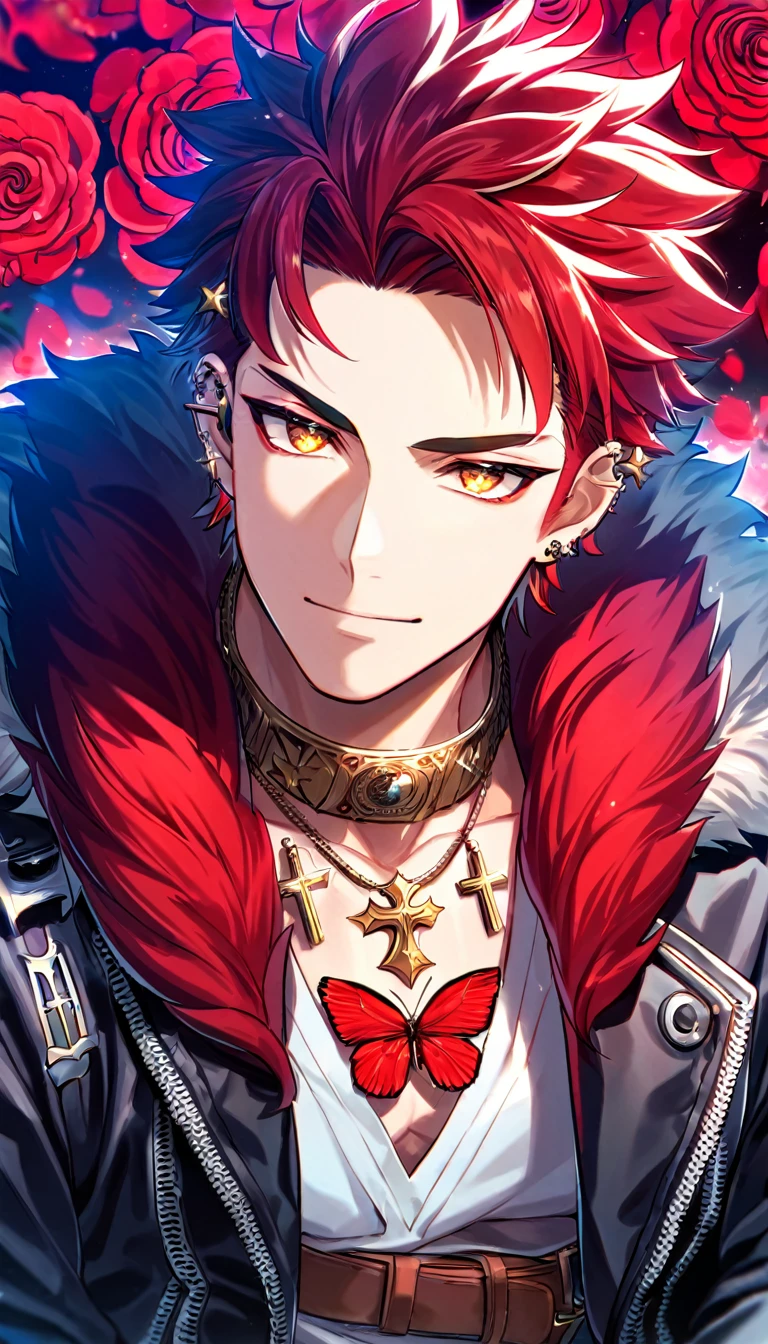 Ultra detailed, Highres, absurdres, HDR, Suoh Mikoto, red hair is kept short ruffled and spiked with two strands of hair near the opposite sides of his head falling on his face as well as distinct sideburns, without bangs, K, expressive golden eyes, black leather jacket with a fur collar and a white V-neck underneath, silver ring, a star-shaped necklace, a piercing in his left ear, red flowers, petals, handsome, man, solo, very detailed eyes and face, glittering small red butterflies, master piece, glittering, fantasy, cross, red background, red flames around him, blue pants, brown belt, sitting