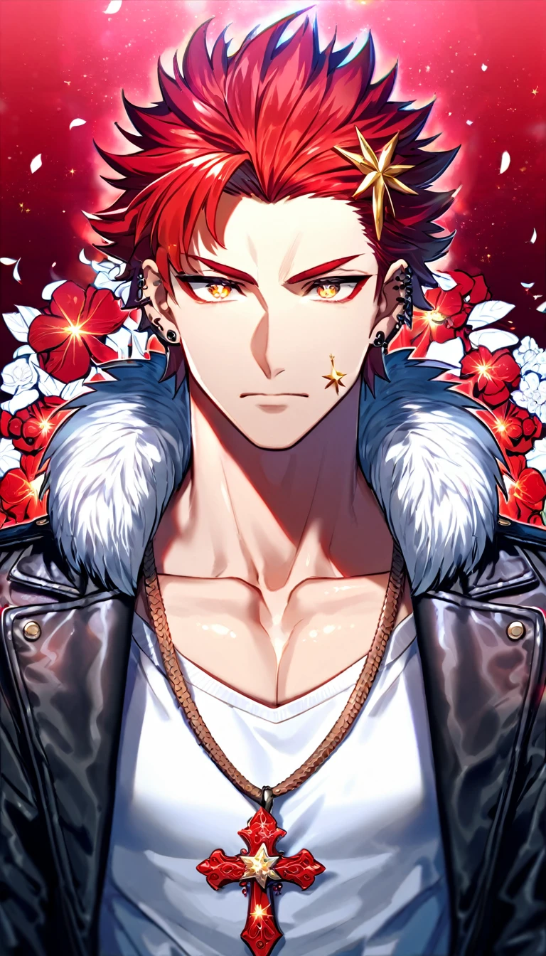 Ultra detailed, Highres, absurdres, HDR, Suoh Mikoto, red hair is kept short ruffled and spiked with two strands of hair near the opposite sides of his head falling on his face as well as distinct sideburns, without bangs, K, expressive golden eyes, black leather jacket with a fur collar and a white V-neck underneath, silver ring, a star-shaped necklace, a piercing in his left ear, red flowers, petals, handsome, man, solo, very detailed eyes and face, glittering small red butterflies, master piece, glittering, fantasy, cross, red background, red flames around him, blue pants, brown belt, sitting