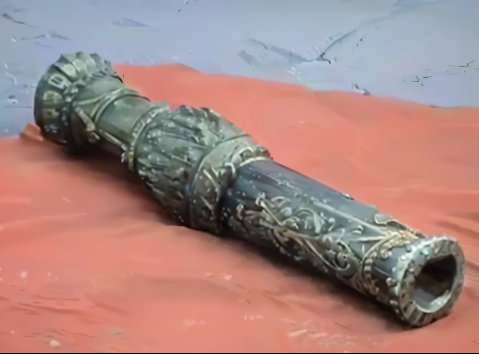 a close-up of a piece of metal on a red cloth, artefato de museu, ancestral", bone cetro, Archaeological Achado, romano, buzina, artefatos de bronze dongson, cetro, ligeiramente virado para a direita, vista lateral de um magro, espuma, cannon, cavou Stanat, latido, Machado de batalha, artefato, holding a sacrificial dagger