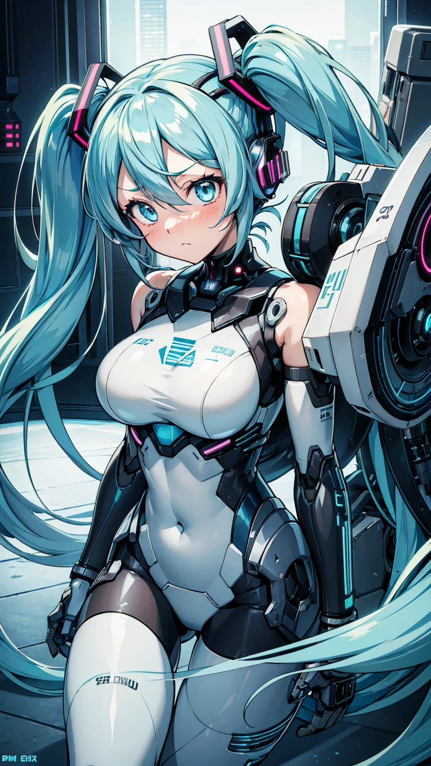 Hatsune Miku Vocaloid, Twin Tails, Light Blue Eyes, Light Blue Hair, Bod ysuit, (mecha girl), Cyber punk, Ultimate Physical Beauty, Beautiful Eyes, big breasts, embarrassed look , bedroom, Bigchest, 8K CG, Top Quality, Best Image Quality,