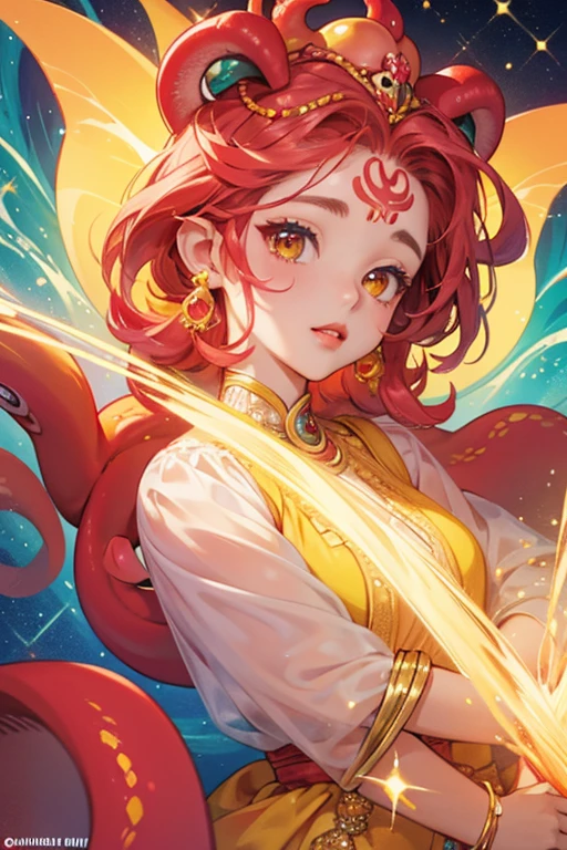 Chuchutchi looks like a pinkish-red octopus with red cheeks, yellow lips, and yellow circlular objects on her head which are most likely ears. SPARKLE; GLITTER