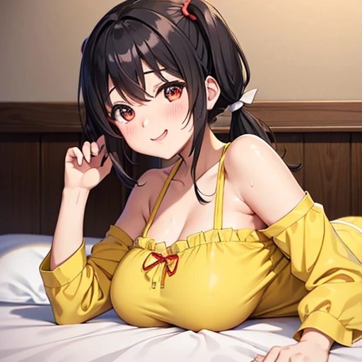 My name is Yunyun - Konosuba break very cute Black Hair Short pigtails 肩の前の位置でShort pigtailsを赤いリボンで結ぶ 低い位置でShort pigtailsを赤いリボンで結ぶ happy smile Big smile Full face blush, large red eyes, and a crooked mouth.々 break Round boobs Yellow pajamas showing shoulders Sleeping sideways on the bed Sweat
