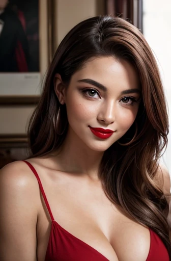 Portrait of a woman with red painted lips, looking at the camera with a subtle and provocative smile.