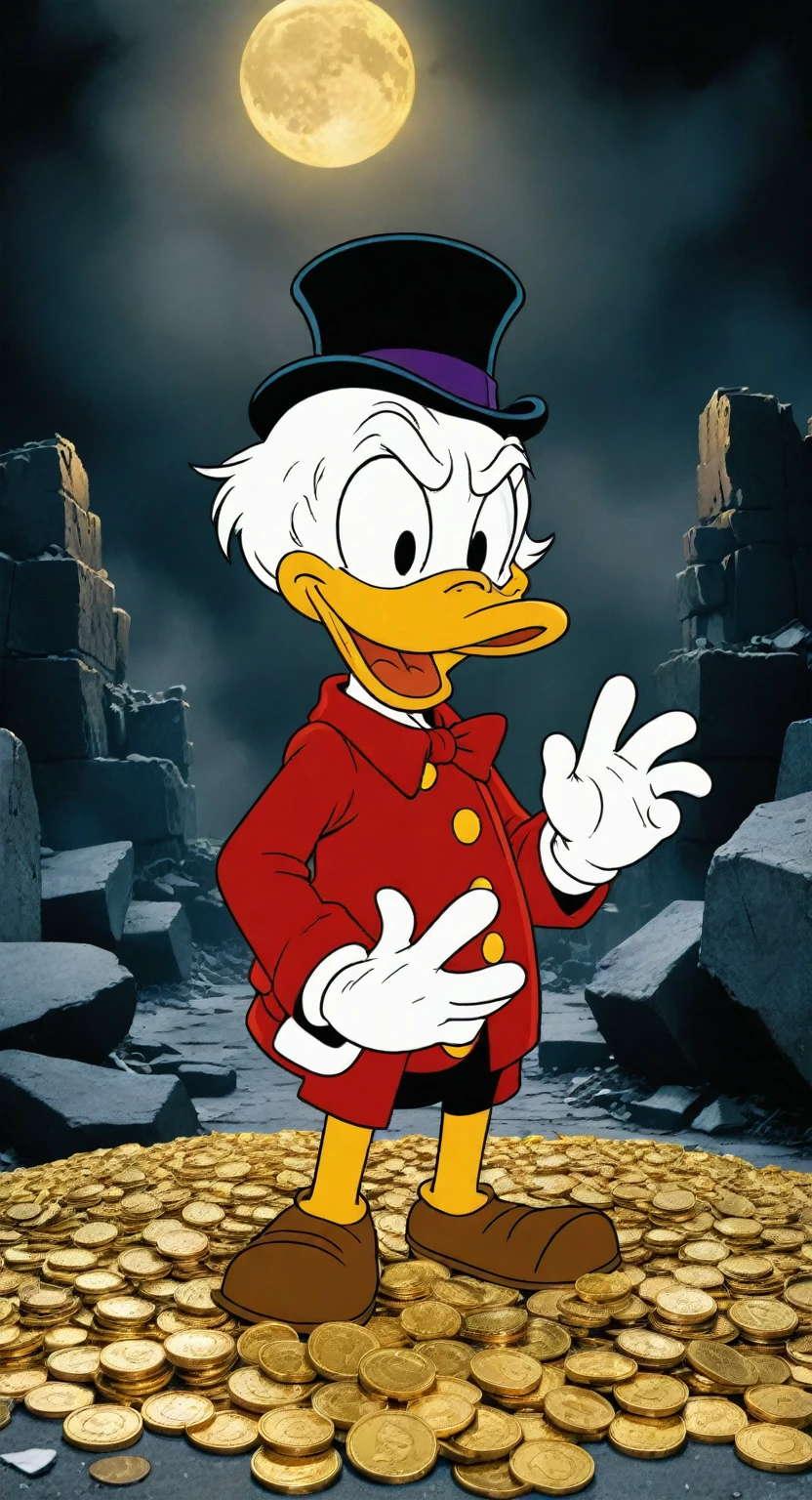 create an industrial message about how: Scrooge McDuck lies broken and howling with a mountain of gold coins and screams in horror in pain