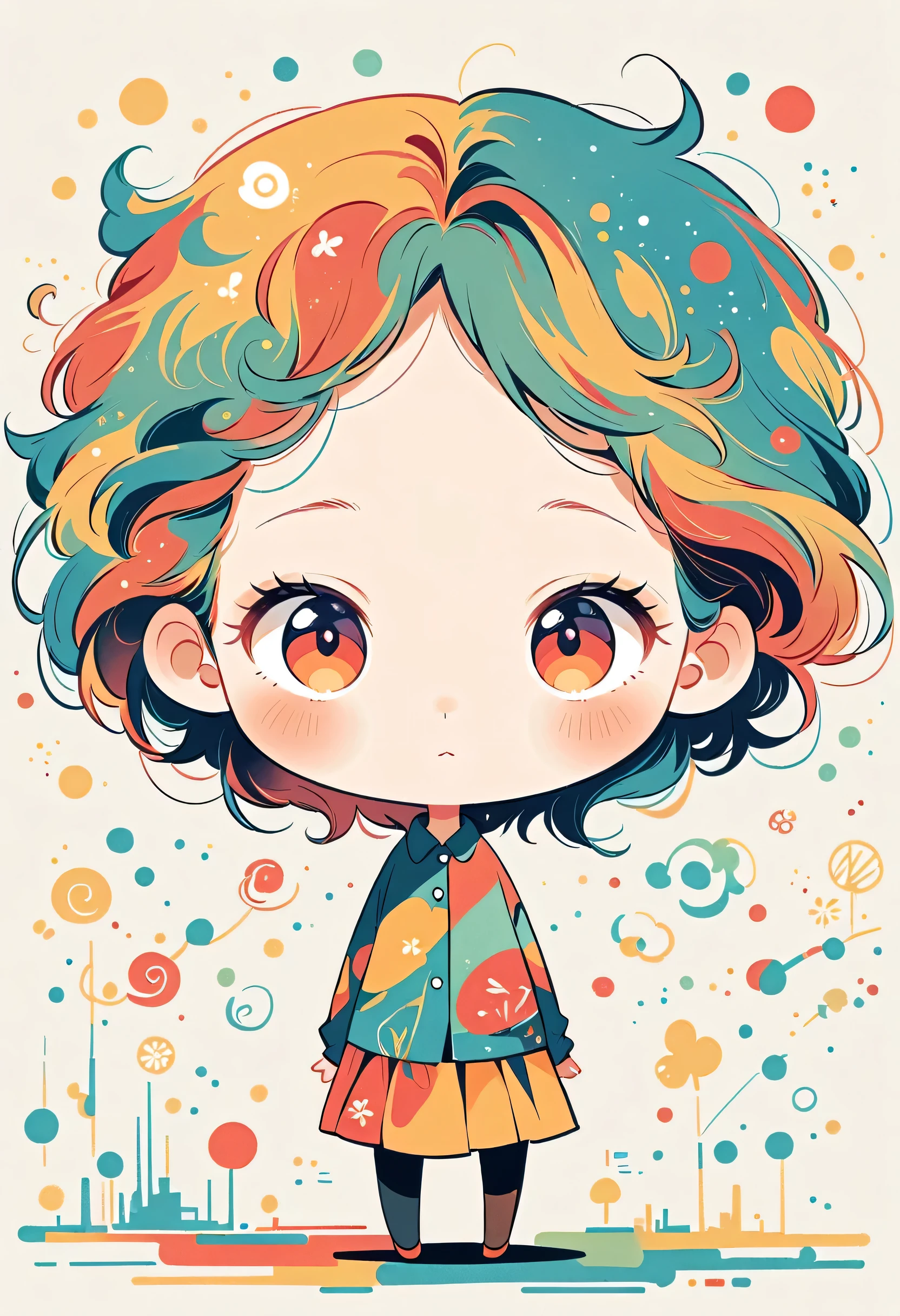 Watase Seizo style, Standing in front of a high wall,Simple Line Initialism,Abstract art,Urban Background, (((The most beautiful girl))), (((chibi)))