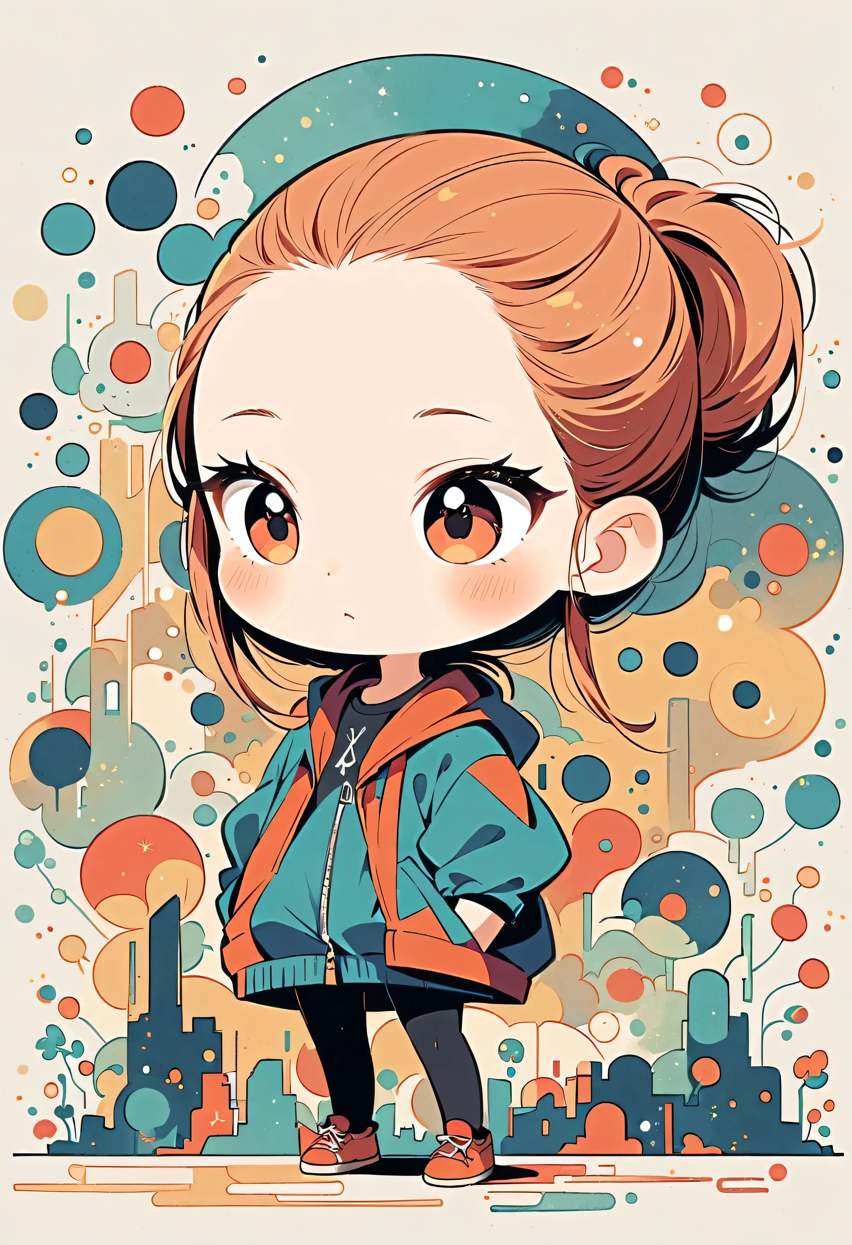 Watase Seizo style, Standing in front of a high wall,Simple Line Initialism,Abstract art,Urban Background, (((The most beautiful girl))), (((chibi)))