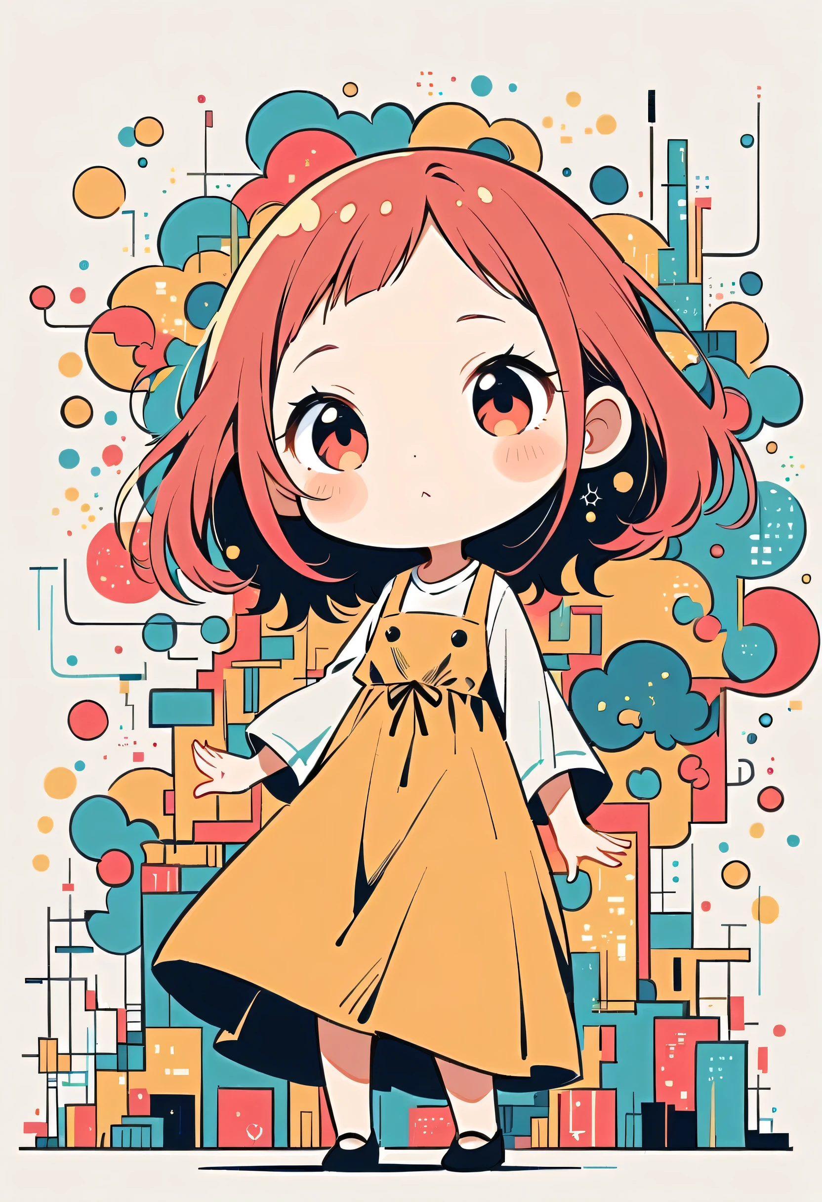 Watase Seizo style, Standing in front of a high wall,Simple Line Initialism,Abstract art,Urban Background, (((The most beautiful girl))), (((chibi)))