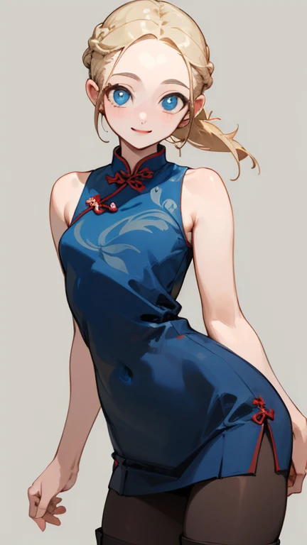 (masterpiece), ((best quality)), (super detailed), (beautiful eyes beautiful details eyes, Clean and delicate face), (whole body, contrapposto), Single Braided blonde pony tail, parted bangs, forehead, blue eye, smile, wearing mini Cheongsam, Sleeveless, pantyhose, thigh, short boots, simple color background