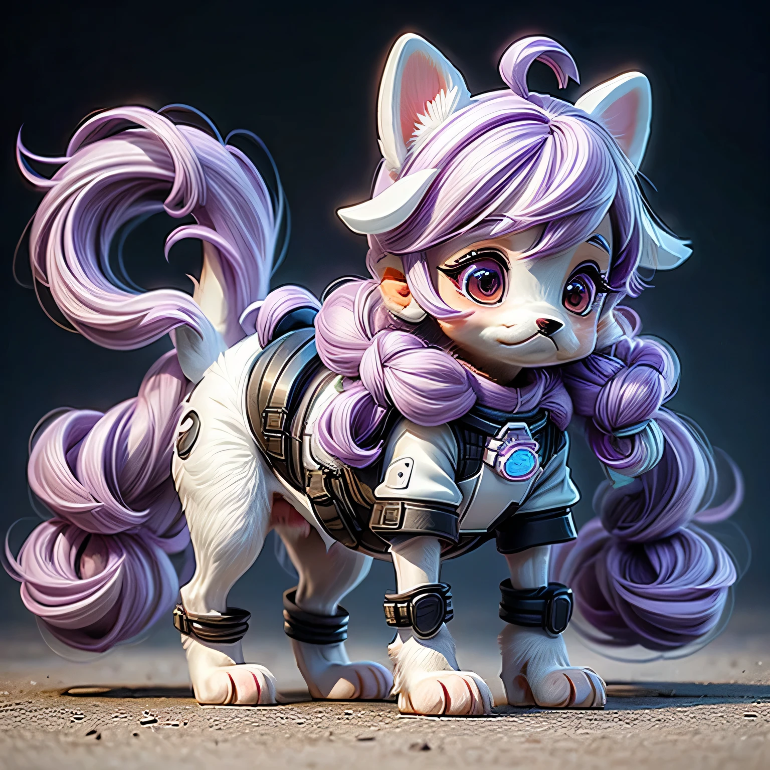 sdcgsd, masterpiece, best quality, 1girl and dog, walking with dog, (in the spring night park:1.3), Purple White Gradient Long Hair, Kind, Cyber Suit, off-shoulder, black skirt, black stockings, black boots, (dog:1.4)