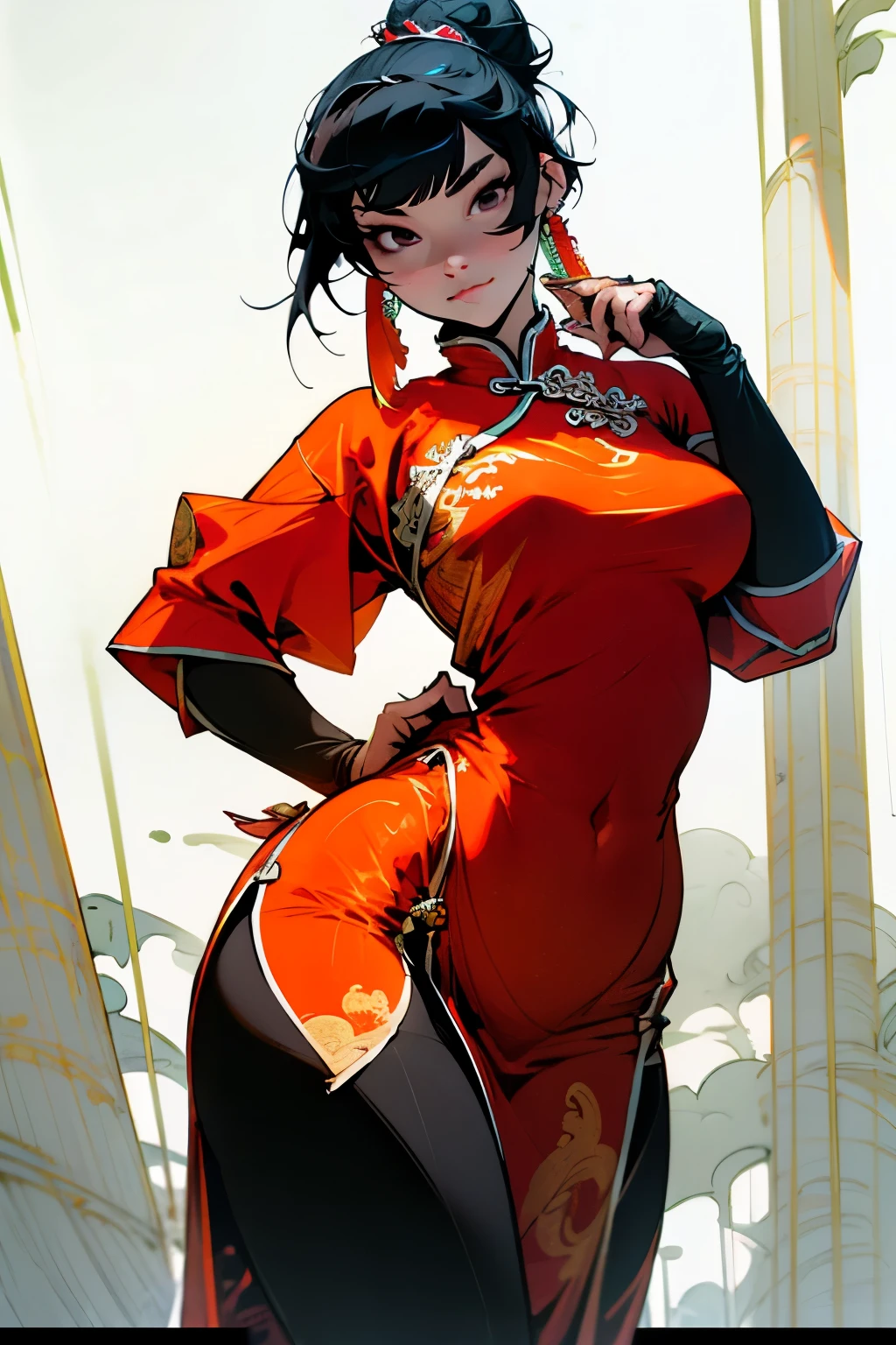 4k, high quality, soft light, cel shading, thick lines, short black bob hair, dark eyes, sexy, big breasts, thick thighs, wide hips, chinese dress, leg slit, muscular, toned, long flowing dress, ornate, jewelry, hair bun, hair accessory, sexy anime lady, thicc, thick lady, thick hips