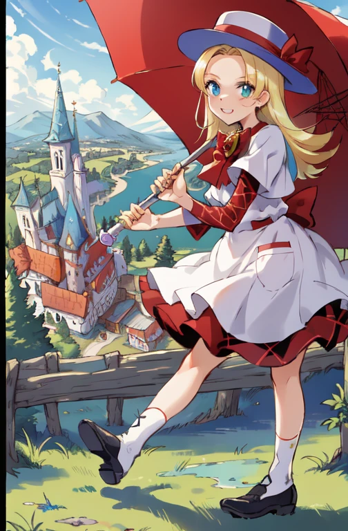 (masterpiece, highest quality:1.3), Absurd, Official Style, Fantasy art, Best illustrations, (Dynamic pose, Dynamic Angle:1.1), Nadia, (非常にdetailedな肖像画), (8K resolution), One girl, alone, On a grassy hill, View Viewer, Blonde Hair,  (Parted bangs:1.5), (Fine grain, blue eyes:1.2), (Perfect Face, Focus Face), smile,  Ruffled Dress, Red Bow, Argyle, Heart Brooch, Holding, umbrella, Pork pie is, (Hat ribbon:1.2), jewelry, Are standing, (whole body:1.2), (Depth of written boundary), shoes, Sharp focus, (red Argyle sleeves:1.1), Perfect composition, 斑点模Mr.の日光, wood, 陰Shadowのある顔, Fantasy Setting, Fairytale village in the background, Mr.々Color, (detailed:1.2), colorful, Shadow, scenery, graphite \(Moderate\), complicated, Caustics, Wide Shot, 非常にdetailedな背景