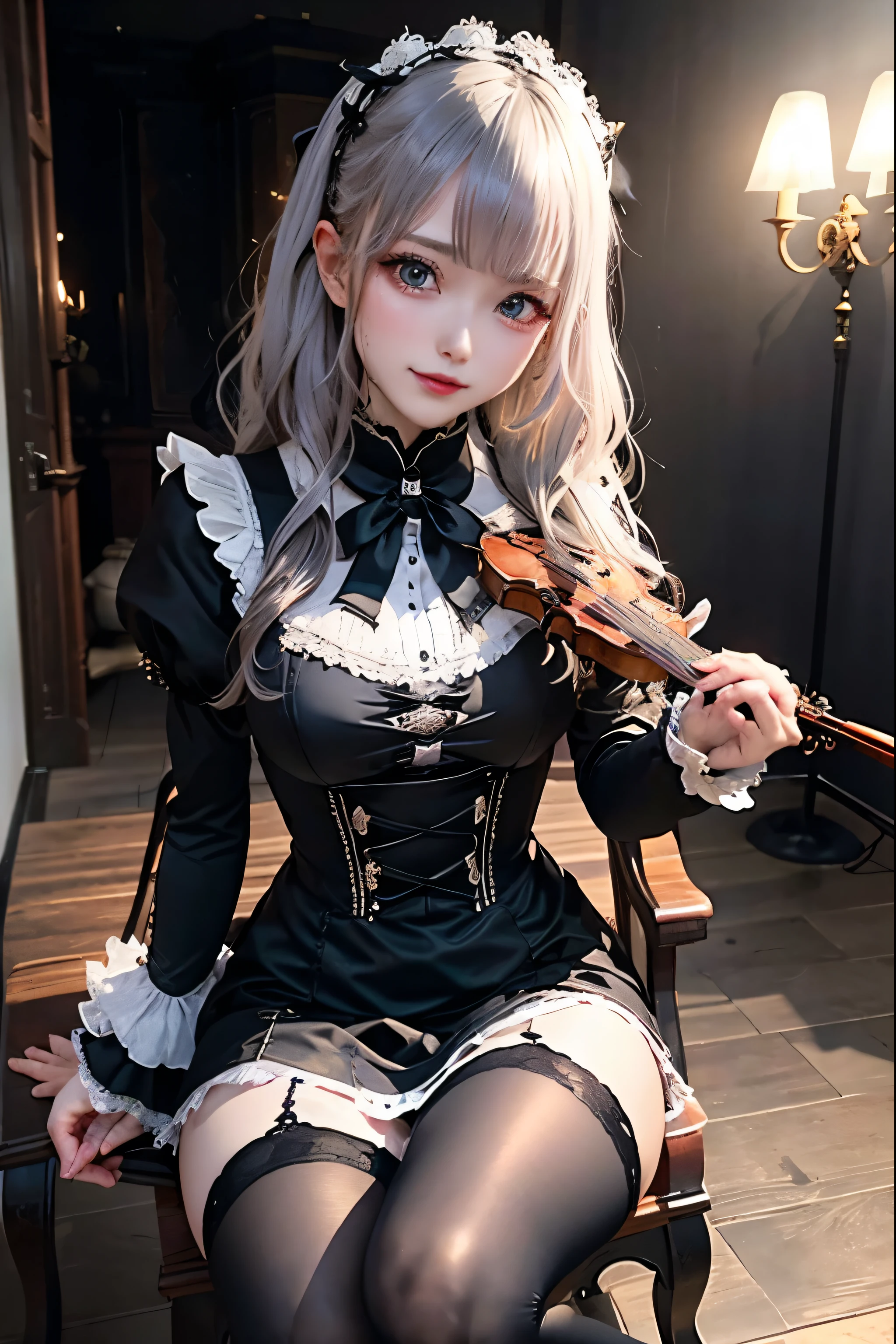 Hard Dark Gothic Makeup、Deep Night Sky、Horror、Black dark eyeshadow、cry、sad、Good skin radiance、Dark Gothicメイク、Dark smile、palace、24-years-old、Embarrassed look、Dark Gothic、Obscene language、highest quality、Drunk face、紫のMaid clothes、Mysterious、Noble、sexy、Loving smile、Right blue eye, Left eye is red、Platform Heel Shoes、Heavy makeup、Gothic Lolita Clothing、A little slimmer、Silver Hair、Long Hair Straight Hair、Cute Gothic Lolita Dress、Beautiful Face、elegant features、Fascinating face、Stained glass is the background、Chest glistening with sweat、The room is dark、gothic long dress、Bell Sleeves、Wizard Sleeve、Decadent look、Sexually excited expression、Glossy thighs wet with water、Thighs that are wet and shiny with oil、Background of a room full of roses、The embroidery is pink、The dress has pink embroidery、Thigh-high socks、Knee-high socks、Gentle expression、Dark black eyeshadow、Stained glass and rose background、Female Duo、Female couple、dark church background、Stained glass、Black metal world、Dark Castle、Slender body、gothic long dress、Maid clothes、Victorian dresses、Her thighs glisten with sweat、My body is wet and shiny、Lots of glitter on the thighs、sweating、My thighs are sticky from sweating、Sweat glistens on the thighs, The whole body is sweaty and shiny、Quite sweaty、My thighs are sweaty、My thighs are so wet、My thighs are shining with sweat、A lot of sweat glistens all over the body、Small breasts、Orchestra Stage、Dynamic Angle、Sitting in a chair、Gothic chair、Play the violin gracefully、With a violin、Press the violin strings、rubbing the violin strings、violinist、Thin thighs、