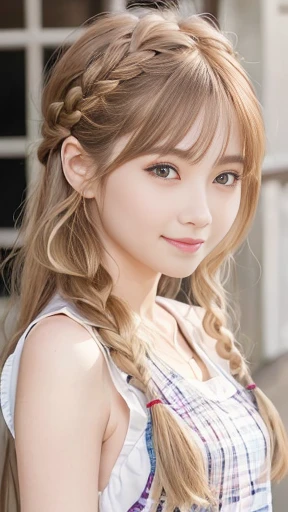 (8K、top-quality、​masterpiece:1.2)、(reallistic、Photorealsitic:1.37)、The ultra-detailliert、1 girl、18year old、Medium chest、Beautie、Beautiful and perfect face、Natural smile、solo、holiday、Bustling street、shopping、Fashionable clothes、Redness of the nose)、(A smile:1.5)、(With mouth closed) 、beautidful eyes、(long:1.2)、Floating hair 、Middle hair、Gold Hair Medium Hair, (Golden hair), Ear Hair, small tits, Single braid, (Single braid), (Side braid),Checked shirt