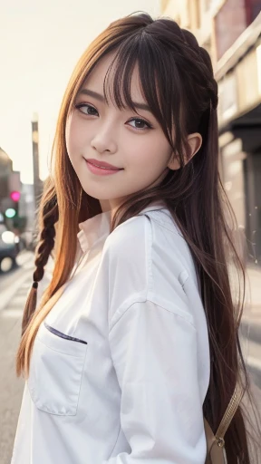 (8K、top-quality、​masterpiece:1.2)、(reallistic、Photorealsitic:1.37)、The ultra-detailliert、1 girl、18year old、Medium chest、Beautie、Beautiful and perfect face、Natural smile、solo、holiday、Bustling street、shopping、Fashionable clothes、Redness of the nose)、(A smile:1.5)、(With mouth closed) 、beautidful eyes、(long:1.2)、Floating hair 、Middle hair、Gold Hair Medium Hair, (Golden hair), Ear Hair, small tits, Single braid, (Single braid), (Side braid),Checked shirt