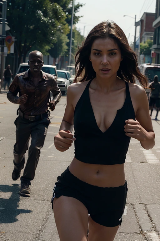 Create an image of a beautiful woman running away from middle-aged male zombies.