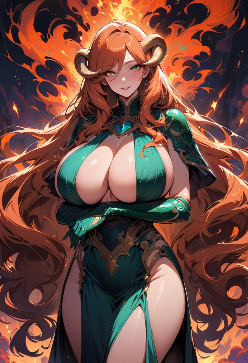 Masterpiece, Very detailed, ultra detailed, one, (1 woman), She is in jade armor in the form of a dress with orange details and in an elegant pose, super mature, tall, milf, mature mother, super long hair, orange hair and bangs in the sides, orange thin dragonic horns, beautiful, charming, reptiles bright fiery eyes, elegant, large breasts (huge, torn), cheerful breasts, lustful smile, charming, dark background, futuristic atmosphere on a huge fire and clouds background.