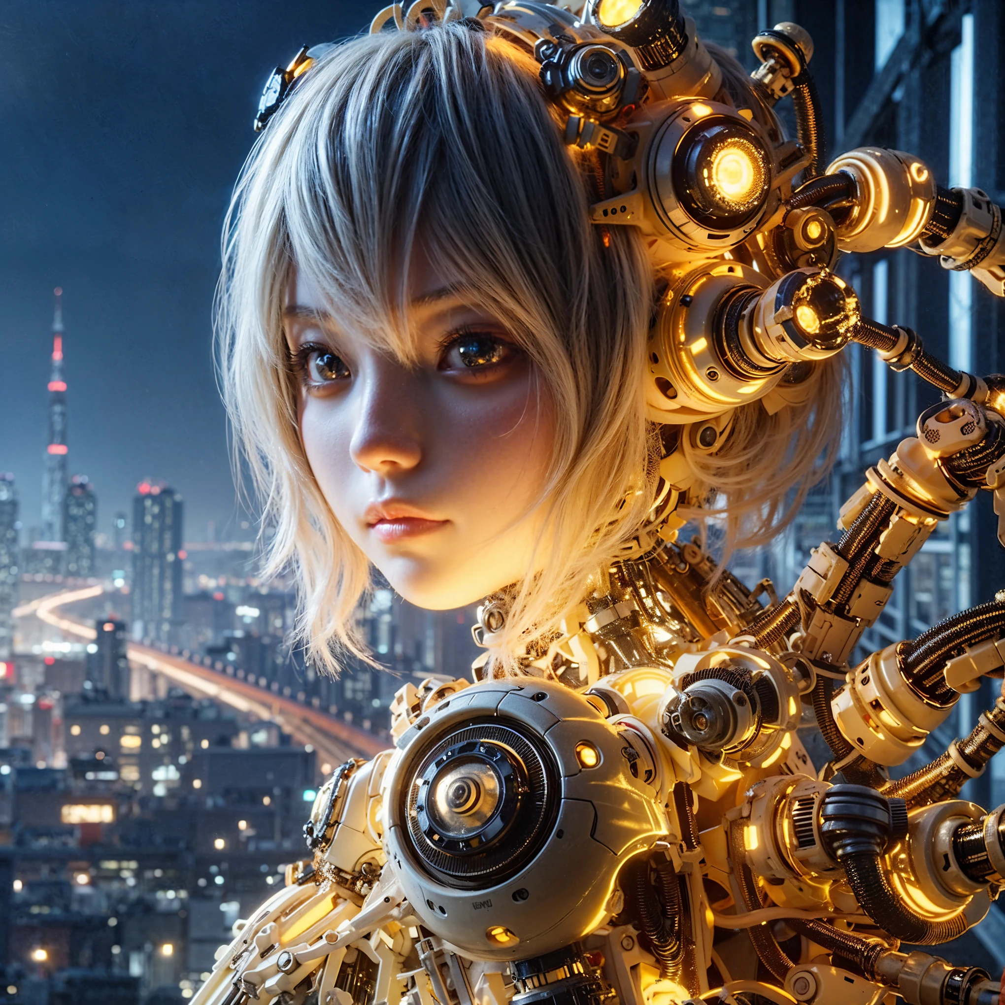 (top-quality:1.2, masterpiece), ultra high resolution, (Photorealsitic:1.4), (biopunk), (scorpion-type powered suit), light yellow porcelain body, glowy skin, (mechanical frame:1.3), 1 japanese girl, extremely realistic face, ((ultimately intricate all details)), full body, realistic shadow, octan render, 8K, ultrasharp, character edge light, Details of complex ornaments, Acrylic Clear Cover, Hydraulic cylinder, power cable, dystopia with a beautiful view at night