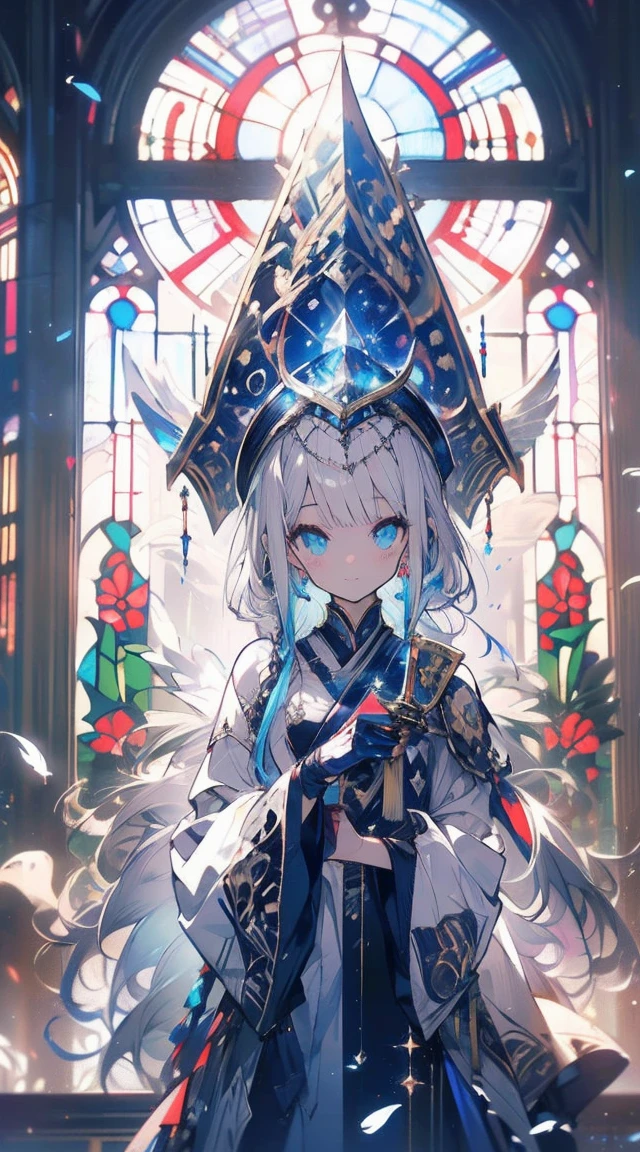 (official art、best quality、Unity 8k wallpaper、32k、​Masterpiece、Super detailed、ultra high resolution、realistic、Realism、very funny:1.2)、(Cinema lighting:1.2)、fire effect、film particles、best shade、edge lighting、side lights、(Super detailed and complex 3D rendering)、Delicate and beautiful face and eyes、sharp pupils、realistic student、A slender one、１man woman、medium bust、(whole body:1.2)、 beautiful face、16 year old beautiful girl、(Super fine skin、Detailed skin texture:1.3)、(silver blonde、Blue-silver hair:1.3)、Paladin、long hair、blunt bangs、green eyes、3 braids 1 bundle、(blue armor、blue boots、Blue helmet、set with precious stones、gold embroidery)、A slender one、long skirt、(thighs thighs thighs thighs:0.8)、(Chis、in the house、Stained glass of art、Large pipe organ、Hello、mystery、A lot of feathers floating、angelic、light particles、serious、Sunshine is、Colorful、fantastic:1.2)、(fantastic:1.3)、(Holding the Holy Sword:1.4)、fantastic、smile smile