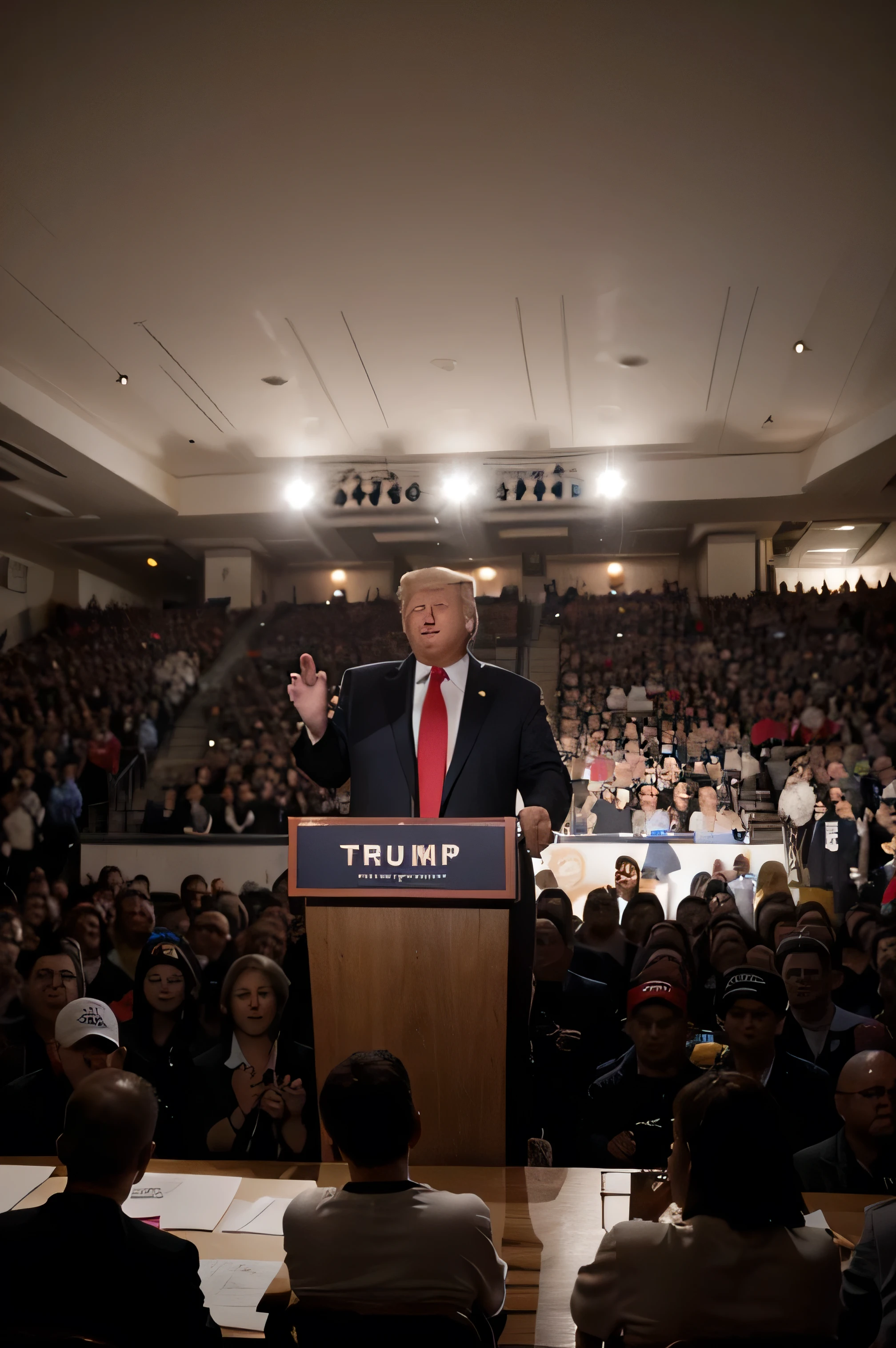"Donald Trump is giving a speech above his supporters."