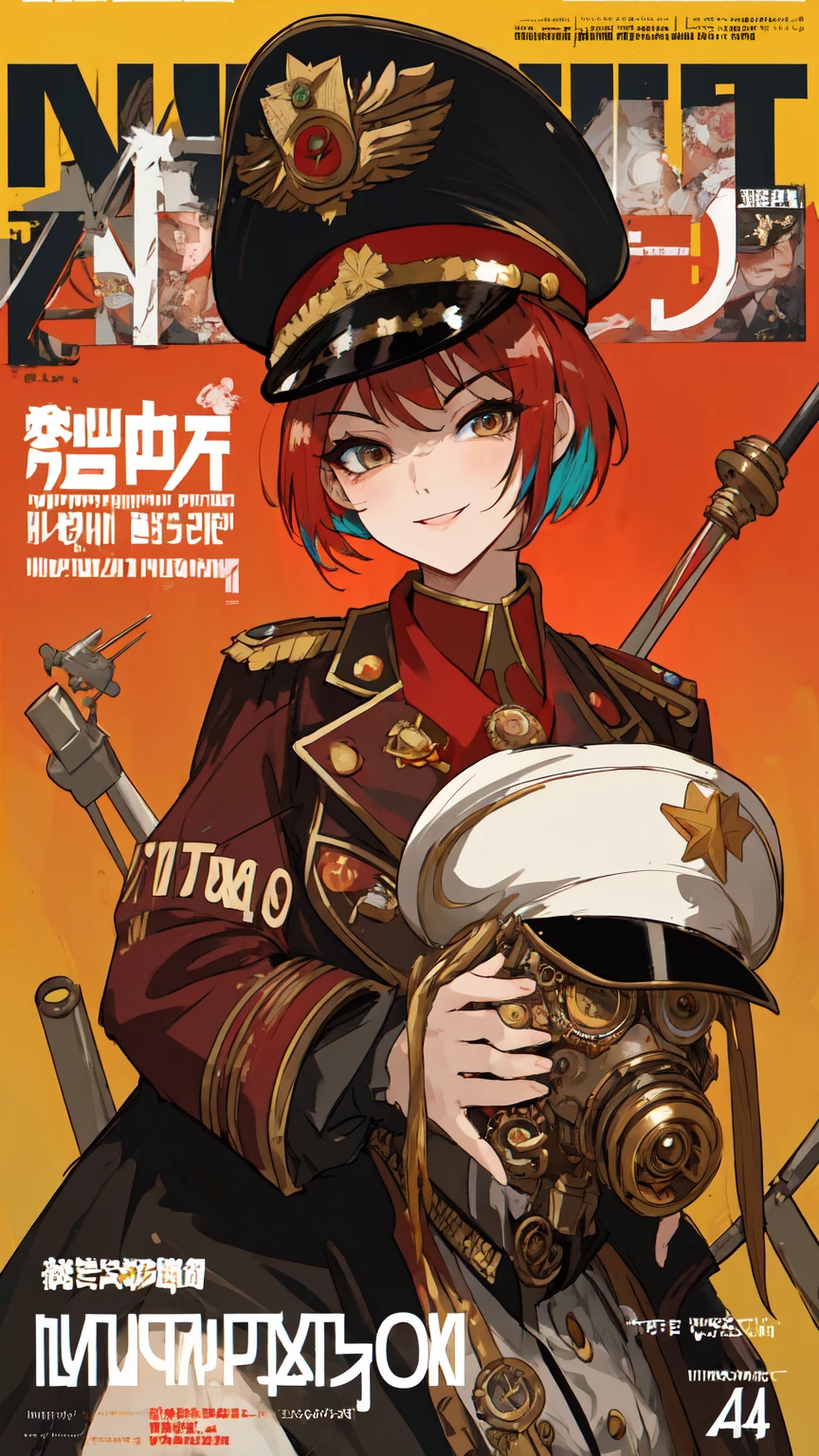 (magazine cover:1.0), masterpiece, best quality, steampunk, Russian twins, mature woman, curvy, multicolored hair, short hair, commissar cap, commissar uniform, communist, happy expression, Russia