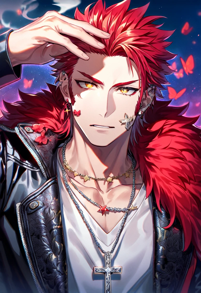 Ultra detailed, Highres, absurdres, HDR, Suoh Mikoto, red hair is kept short ruffled and spiked with two strands of hair near the opposite sides of his head falling on his face as well as distinct sideburns, K, expressive golden eyes, black leather jacket with a fur collar and a white V-neck underneath, silver ring, a star-shaped necklace, a piercing in his left ear, red flowers, petals, handsome, man, solo, very detailed eyes and face, glittering small red butterflies, master piece, glittering, fantasy, cross, red background, flames, smoking