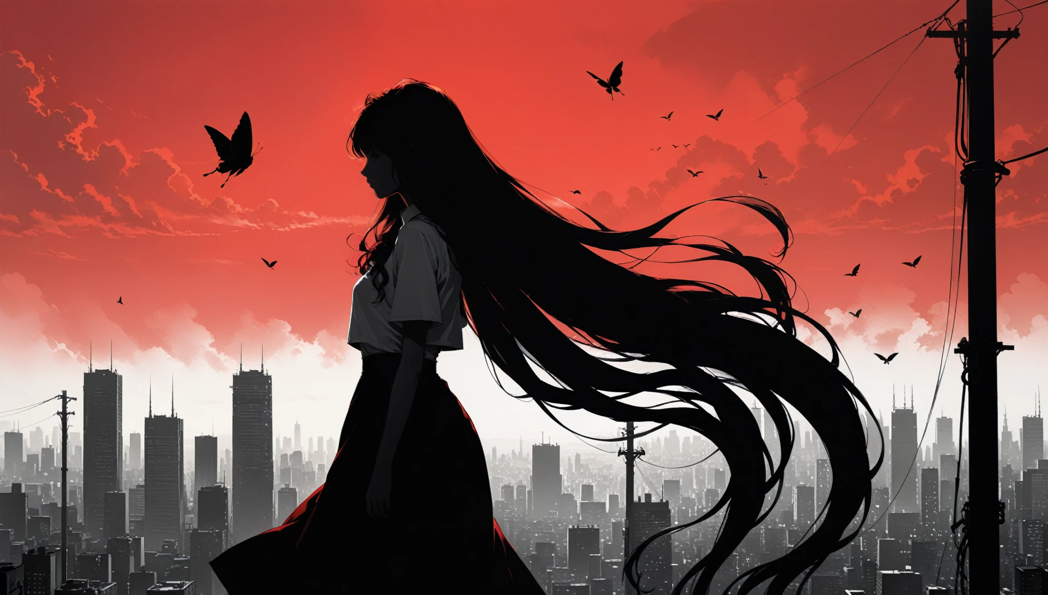 (in style of Ashley Wood:1.3),(in style of Takeshi Obata:0.9),
black and white urban skyline background,protruding utility poles,(a red silhouette of a young girl:1.6),minimalist silhouette,red silhouette,black and white background,wide_shot,silhouette of a teenage girl on a telephone pole,(selulu style:1.4),heles,flowing long skirts,(incredibly long hair fluttering in the wind:2)