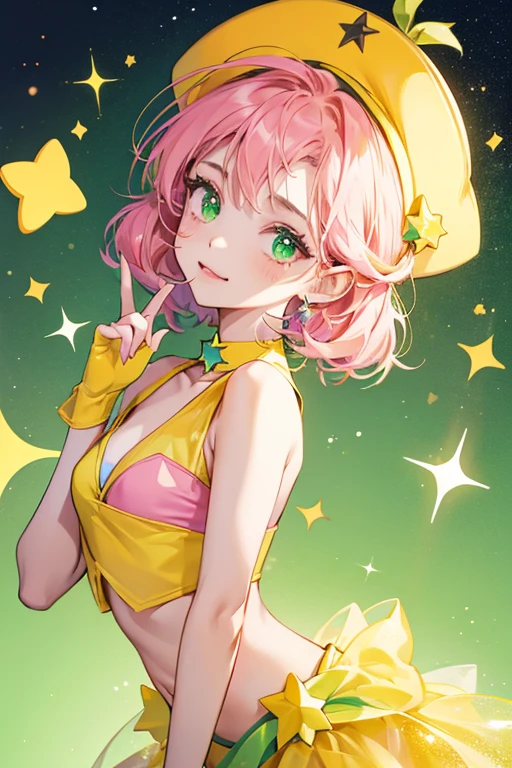 she has yellowish-orange skin, a dark pink heart on top of a yellow star on her left cheek, and a small pink star on the right side of her torso. she wears a green cap with a blue tip and a green collar with yellow tips. SPARKLE; GLITTER