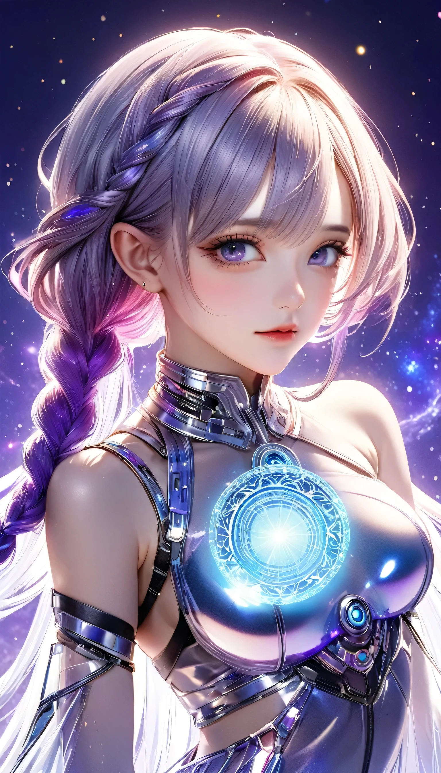 best quality, Ultra-fine, 16K, Ridiculous, Very detailed, Delicate and dynamic, A cool and beautiful female cyber warrioght with the huge beautiful transparent translucent shining goddess, Her hair gradually turned from white to purple, Long low braids, iridescent magic circle, Background space galaxy distant