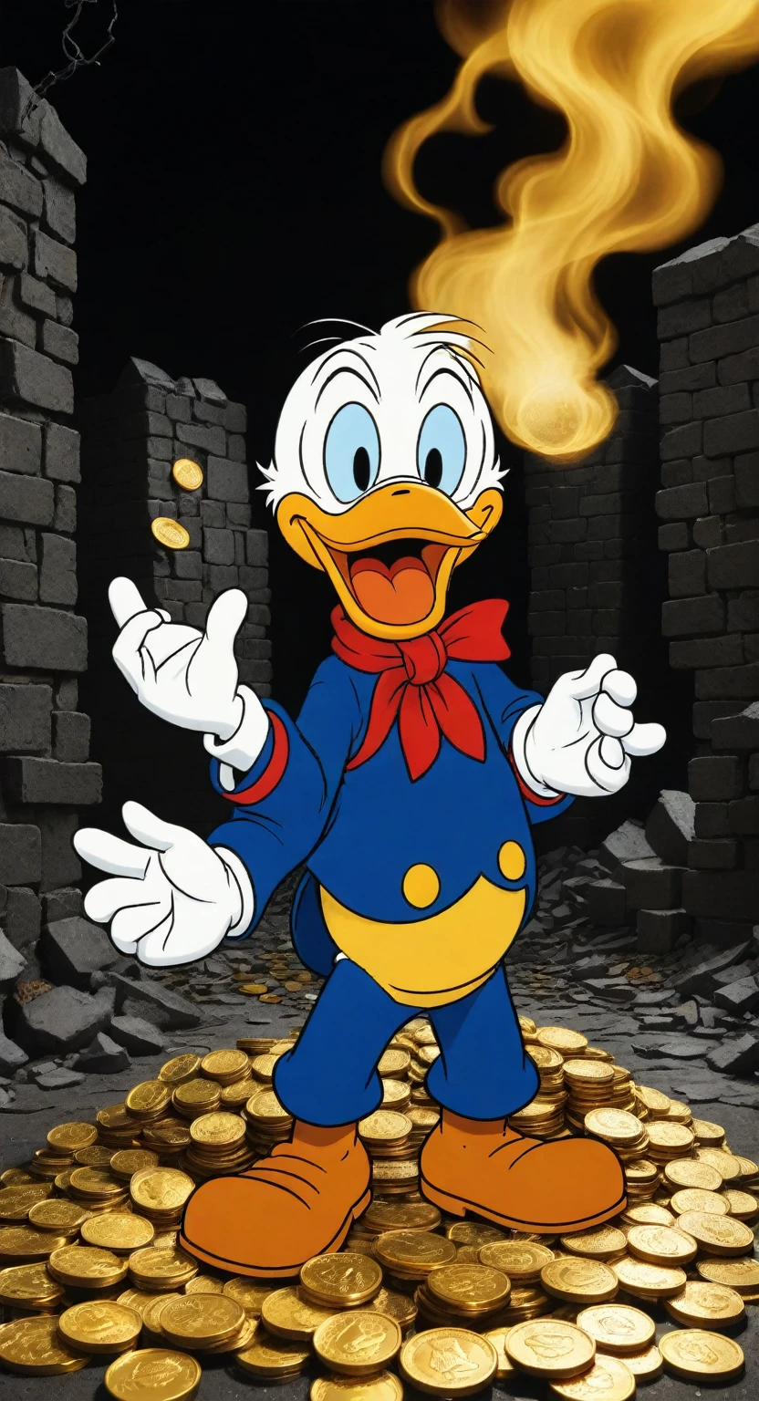 >create the most detailed and detailed industrial statement about how: Scrooge McDuck lies broken and howling with a mountain of gold coins and screams in horror in pain