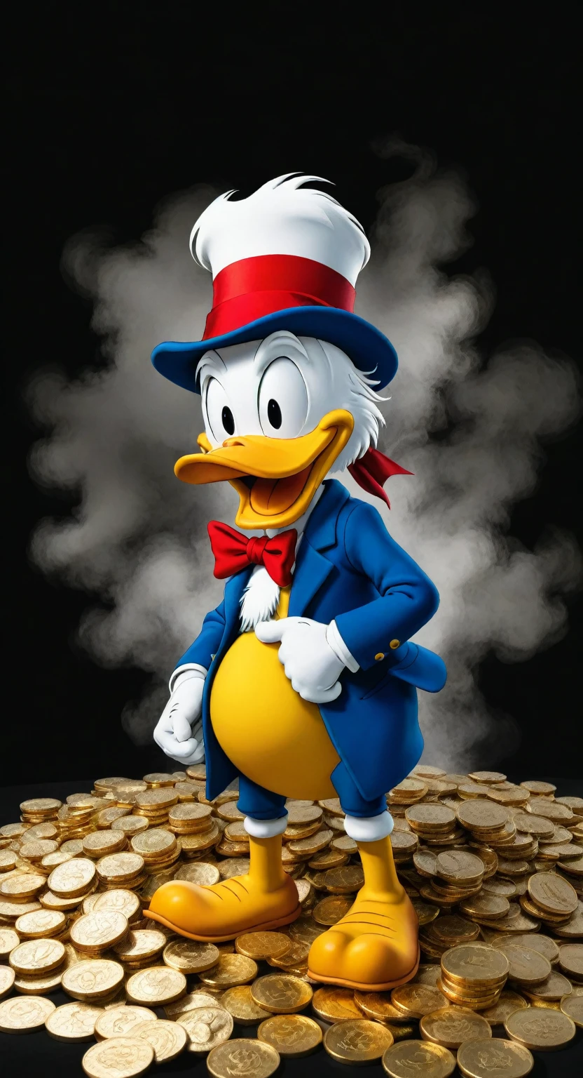 >create the most detailed and detailed industrial statement about how: Scrooge McDuck lies broken and howling with a mountain of gold coins and screams in horror in pain