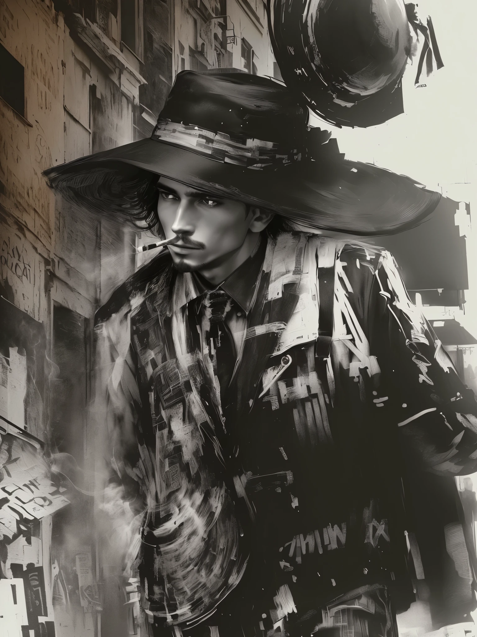 There is a black and white photo，Photo of a man wearing a hat，Holding a cigarette，Carrying a bag, Behind is a black and white city and a black and white sun