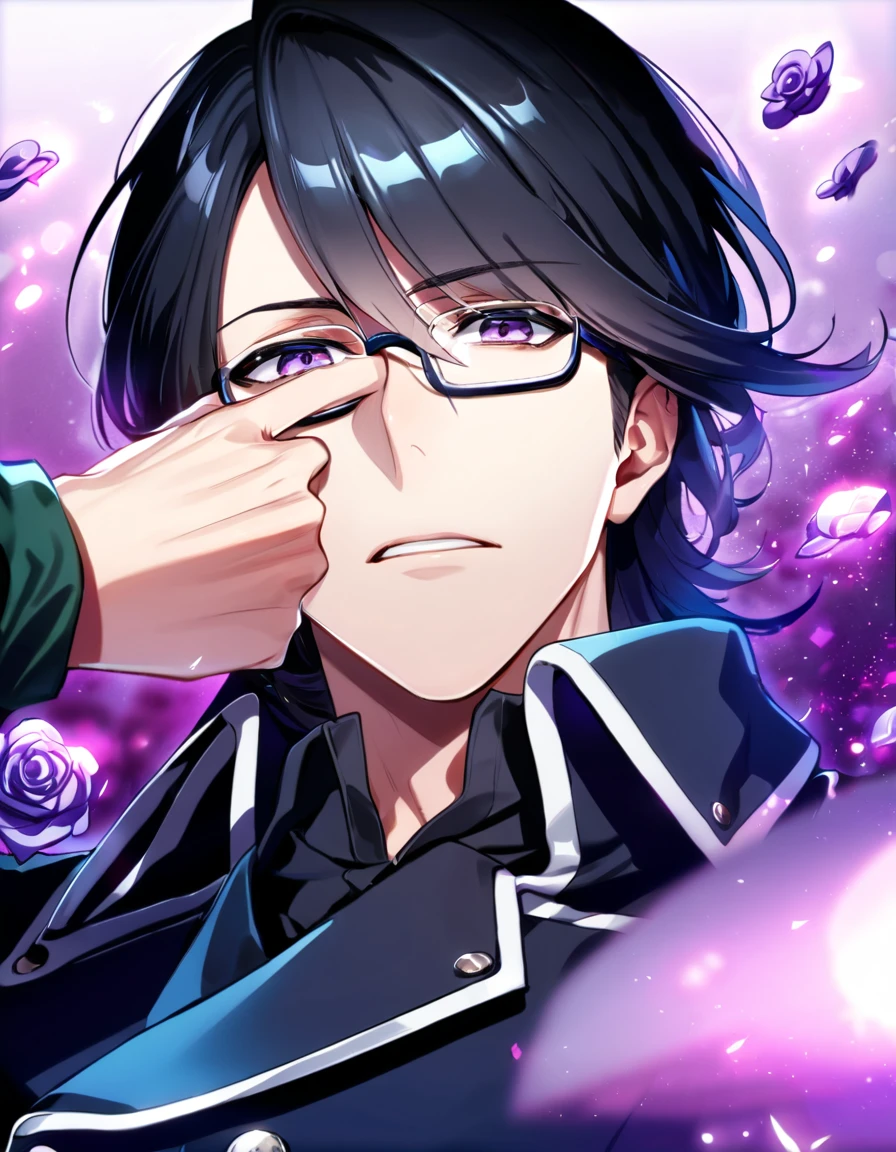 absurdres, highres, ultra detailed, HDR, master piece, best quality, Munakata Reisi, messy dark blue-black tinted hair that is parted to the left where it falls over his face, medium hair, expressive purple eyes, K Project, glasses without frames, solo, sexy man, handsome, dark blue military clothes, magical, fantasy, purple background, purple roses, shining, purple petals, purple glittering fireflies