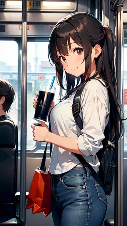 shiho Nishizumi,Blue jean jacket,Jeans pants,Semi-long hair,Ashime Hair,Brown Hair,Black Eyes,Big Breasts,Smiling expression,From the side,Inside the train,seat,Hold a drink in your right hand,At least one backpack, Beautiful image quality,slightly muscular,Hold a shopping bag in your left hand,