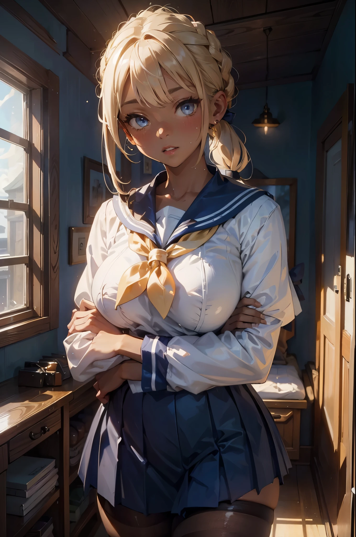 (masterpiece:1.2、best quality、Tmasterpiece)、1 female、Solitary、classroom、sky、(Standing)、whole body、Blonde、Ponytail、blue eyes、(Sailor Suit:1.5)、(dark skin:1.4)、Large Breasts、(Grab your left arm:1.3)、Long sleeve、Corset、earrings、lipstick、Pantyhose、Very sweaty、Necklace、hair tie、mini skirt、blush、Cover the breasts、Bangs braids、(thick lips:1.2)