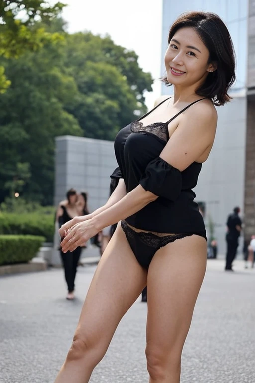 Beautiful black lingerie、Big boobs、60 years old、Black panties、outdoor plaza、Super beautiful woman、Stand with your feet open