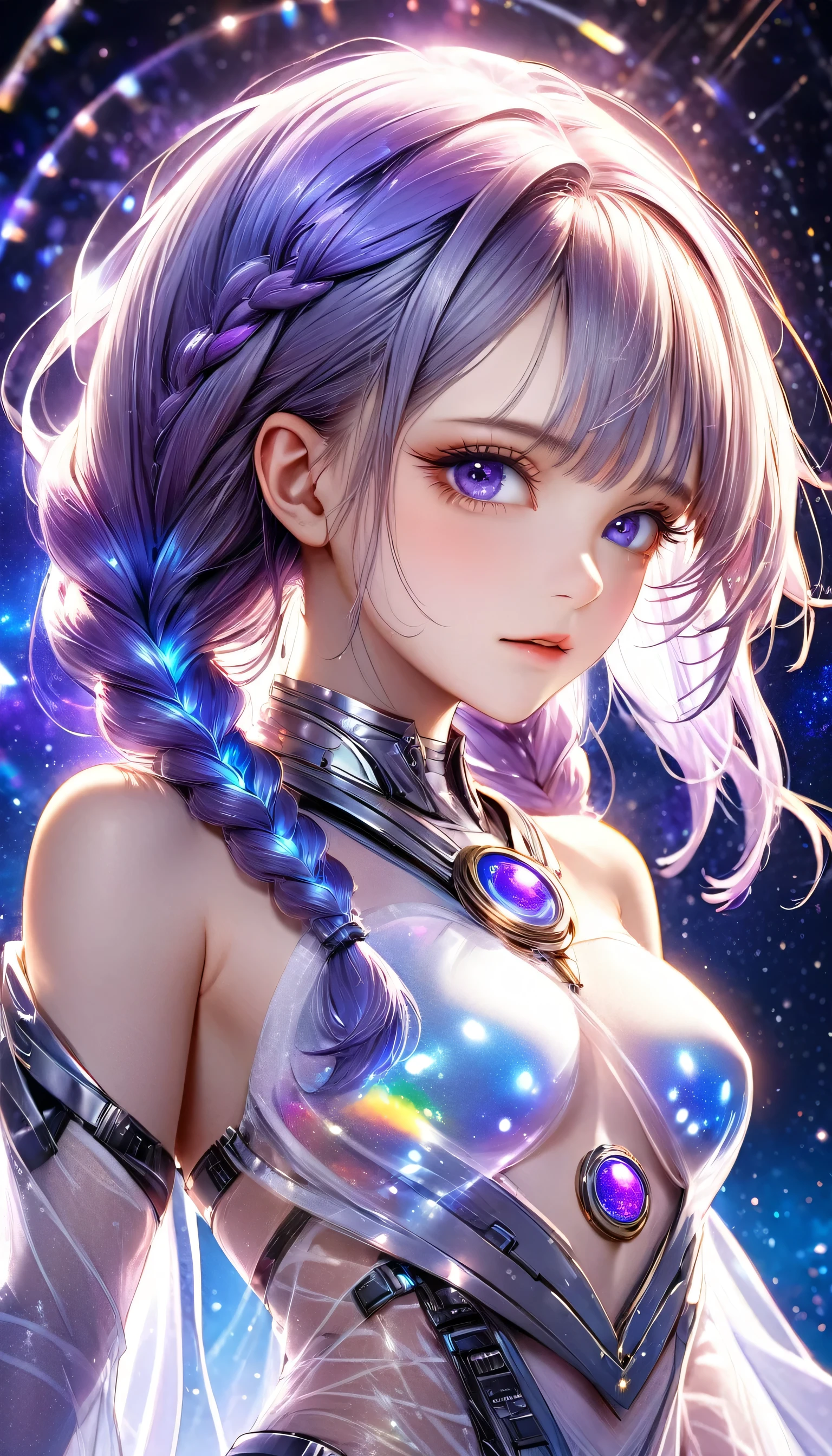 best quality, Ultra-fine, 16K, Ridiculous, Very detailed, Delicate and dynamic, A cool and beautiful female cyber warrioght with the huge beautiful transparent translucent shining goddess, Her hair gradually turned from white to purple, Long low braids, iridescent magic circle, Background space galaxy distant