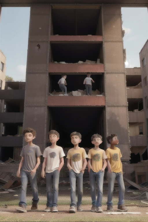 Group of young people of 4 inside an abandoned building modeling cads shirts, one walks and models while the others watch 