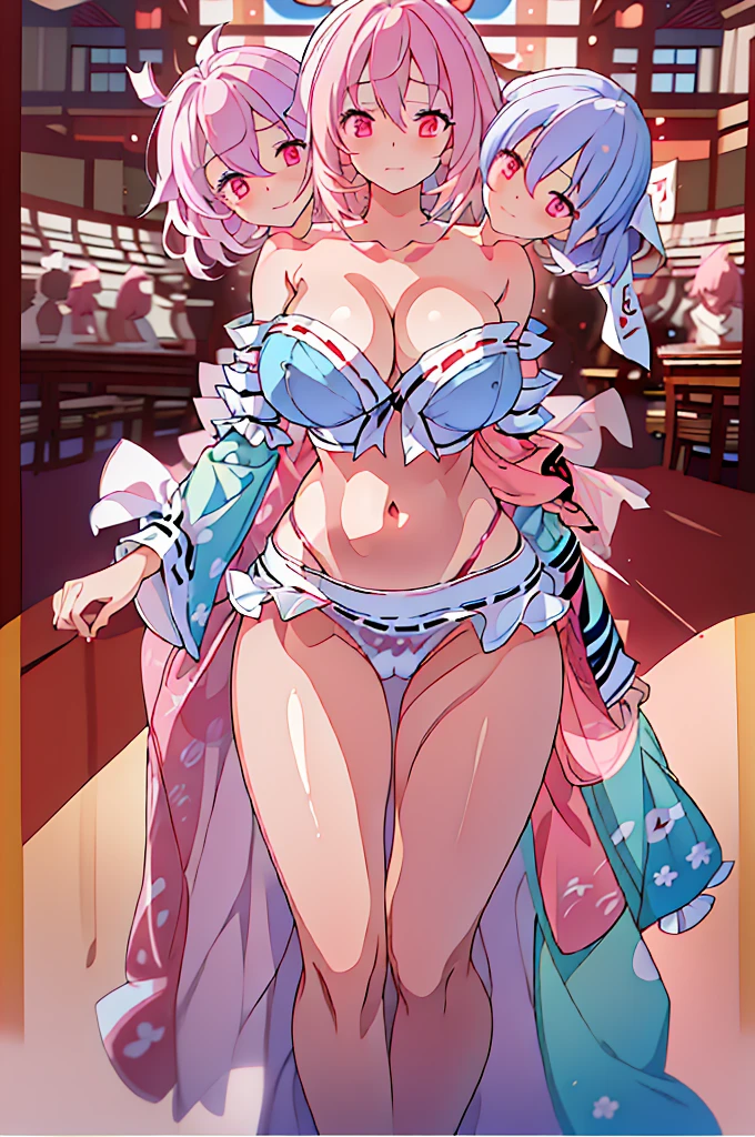 (masterpiece, best quality), best quality, (ultra-detailed), (3heads:1.5), 1girl, (saigyouji yuyuko:1.3), masterpiece, best quality, ultra quality, ultra resolution, ultra detail, baby blue top, crop top, ((stomach)), midriff, ((groin)), light blue skirt, normal ears, shackles, pink hair, very long hair, wavy hair, sidelocks, red eyes, parted lips, open belly, sweat, cute, toned belly, hand on own chest, eyelashes, (26 year old woman:1.3), (masterpiece:1.5), (best quality:1.5), (beautiful detailed), extremely detailed CG, extremely delicate and beautiful, depth of field, (finely detailed face), (perfect details:1.2), (mature female:1.3), wide pelvis, slender, large veiny breast, 16k resolution, highres, high quality, high definition, extremely detailed, masterpiece, best quality, pink hair, long hair, alluring presence, braid, short skirt, close up, big tits, young, mob cap, nsfw, open belly, midriff, same hair color, pink hair,