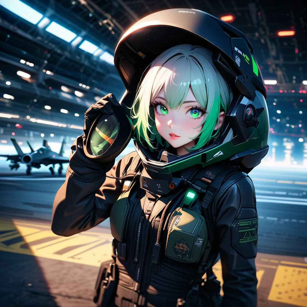 high quality, high definition images, full HD, 8k, 1 girl, beautiful detailed eyes, beautiful detailed lips, extremely detailed face and eyes, long eyelashes, white short hair, futuristic fighter pilot, black and green hair pilot suit, holding helmet under arm, futuristic fighter plane, night airfield, full body, in the background, f22 fighter jets