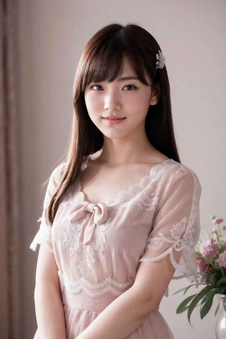 ((Masterpiece, Top image quality, high resolution、alone、skin shiny))(on the table, best quality, actual, super detailed, meticulous, high resolution, 8k wallpaper), Close-up portrait of a beautiful woman, like, smiling, light brown messy hair, Perfect dynamic composition, 美丽meticulous的眼睛, Just like the cover of a fashion magazine, on campus,Gorgeous costumes,hot stamping clothing,One wearing a gauzy pink dress,An 8-year-old girl with long black hair and a pink bow hairpin sits on the ground holding balloons,White lace stockings that don’t go beyond the knee,Girly bedroom,Pink girl's room decoration。