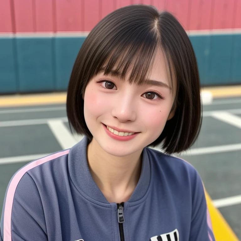 (kawaii 24 year-old Japanese girl, Nogizaka idol, Korean idol, track and field player), healthy female athlete body, glossy black hair, (very short hair, bangs:1.2), beautiful black eyes, rounded face, single eyelid, (no makeup:1.2), (big laughing), (light pink track jacket, grey sports leggings:1.3), extra small breasts, BREAK, (track and field stadium background, summer sunlights:1.2), (dynamic angle, bust shot:1.2), BREAK, (masterpiece, best quality, photo realistic, official art:1.4), (UHD, 8K quality wallpaper, high resolution, raw photo, golden ratio:1.3), (shiny skin), professional lighting, physically based rendering, award winning, (highly detailed skin texture, extremely detailed face and eyes textures), Carl Zeiss 85 mm F/1.4, depth of field, (1girl, solo),