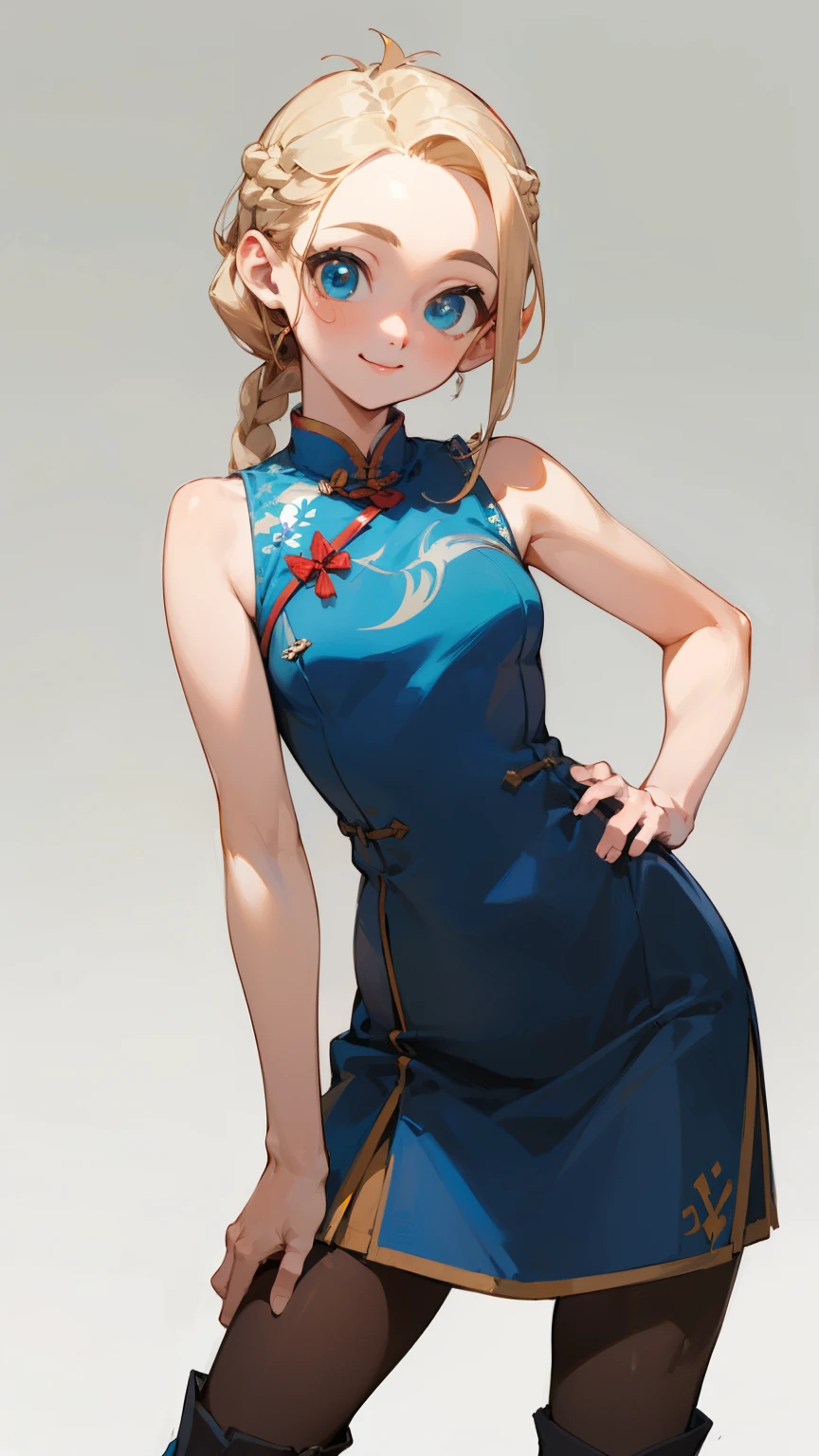 (masterpiece), ((best quality)), (super detailed), (beautiful eyes beautiful details eyes, Clean and delicate face), (whole body, contrapposto), Single Braided blonde pony tail, parted bangs, forehead, blue eye, smile, wearing mini Cheongsam, Sleeveless, pantyhose, thigh, short boots, simple color background