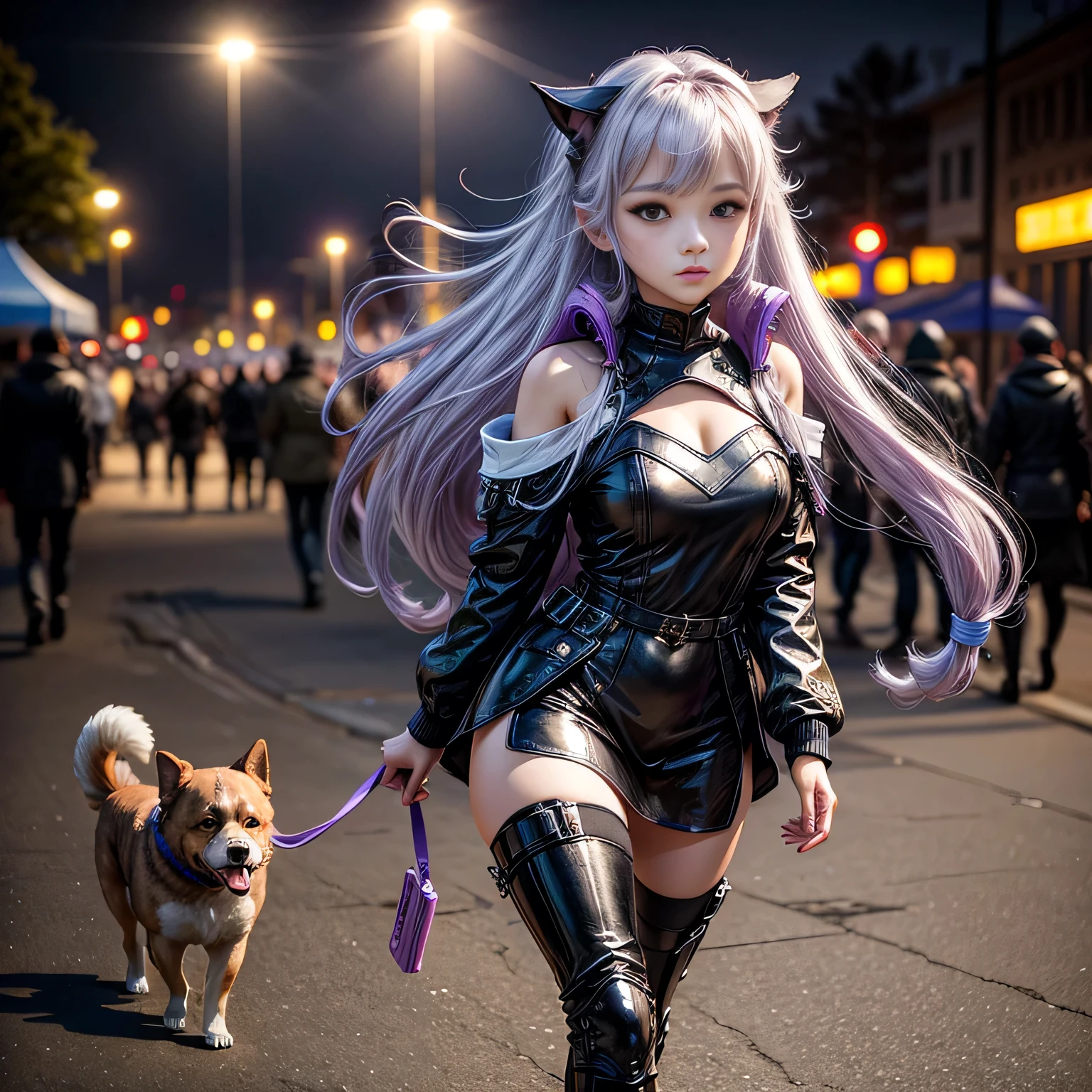 sdcgsd, masterpiece, best quality, 1girl and dog, walking with dog, (in the spring night park:1.3), Purple White Gradient Long Hair, Kind, Cyber Suit, off-shoulder, black skirt, black stockings, black boots, (dog:1.4)