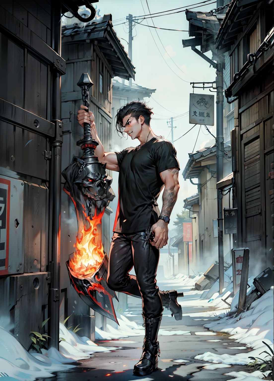 boys 26 Years old, Serious face, black hair, flowing hair, wearing ((black shirt)), black pants, high cut boots, holding sword, flames, chains, giant sword