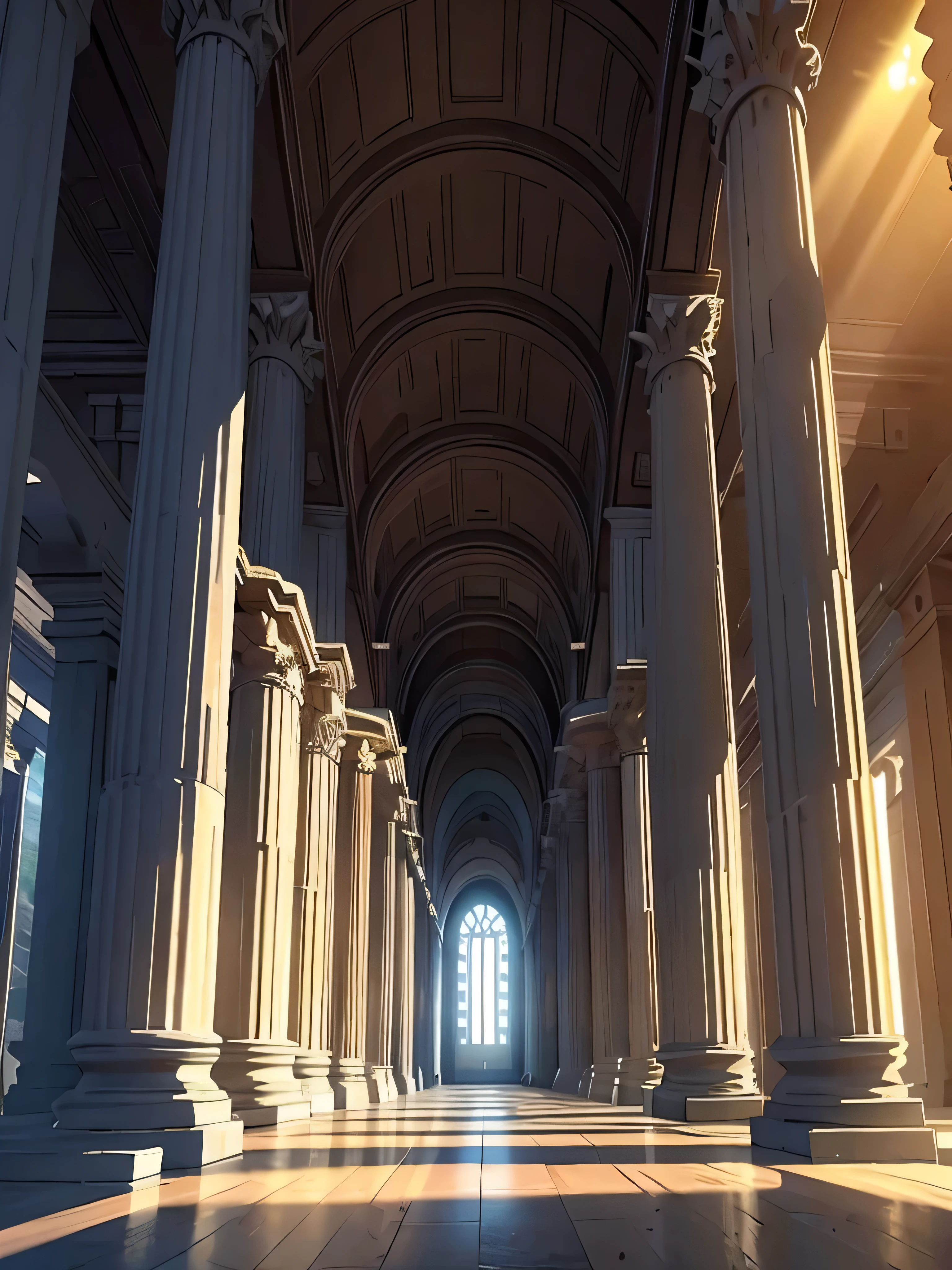 Roman temple, sunlight entering through the pilasters. Interior of a Roman temple, with large columns... 2d animation style.