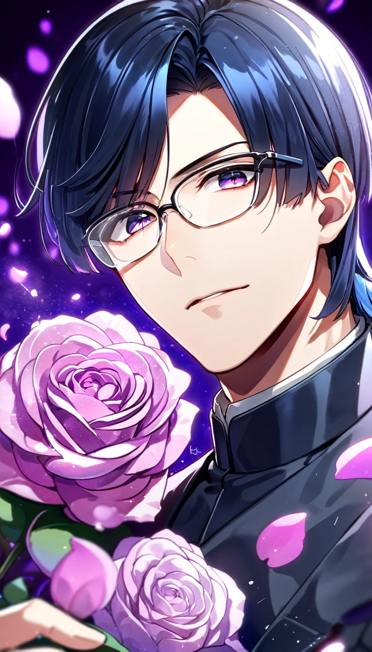 absurdres, highres, ultra detailed, HDR, master piece, best quality, Munakata Reisi, messy dark blue hair that is parted to the left where it falls over his face, medium hair, expressive purple eyes, K, glasses without frames, solo, sexy man, handsome, dark blue military clothes, magical, fantasy, purple background, purple roses, shining, purple petals, purple glittering fireflies