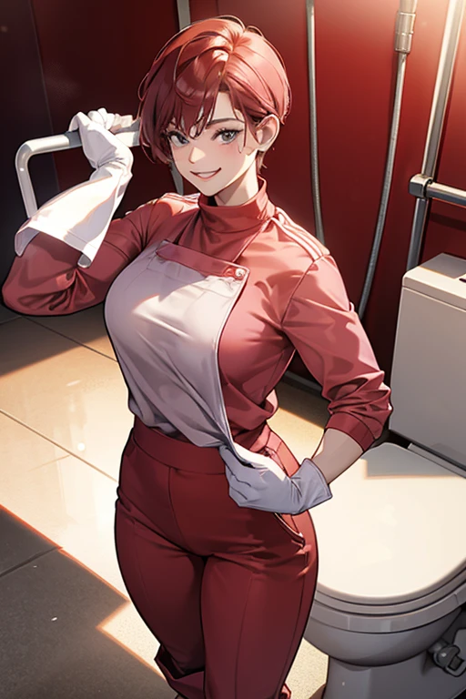 A muscular, short-haired mature woman in red long-sleeved, long-pants gym uniform, wearing white rubber boots and oversized pink rubber gloves, cleaning a dirty school toilet while smiling.