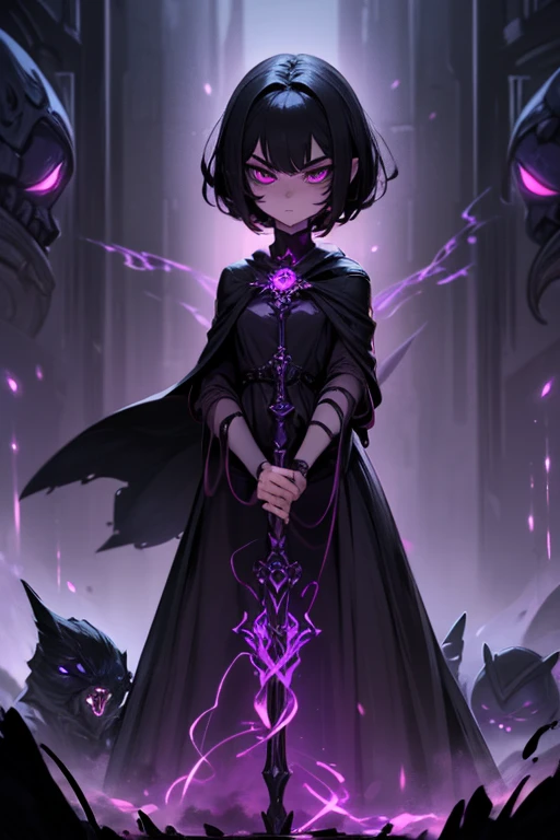 ((masterpiece, best quality, 8k))A captivating artwork of a darkly enchanting female character in a shadowy, magical setting. She wears dark and magical clothes in black and purple, perfectly matching her mysterious aura. Her short black hair and crimson eyes exude an intense beauty. She wields a dark staff, emanating a foreboding power.