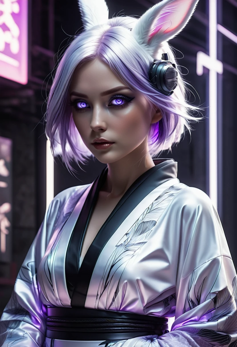 (nsfw), Best Quality, ultra Detailed, ultra Realistic, Futuristic wear design,,design suggesting flexibility,monochromatic color scheme emitting serenity,surface softly reflecting light,minimalism,simple yet impactful Feminine beauty,spirit of modernism, Feminine elements as visual art, fusion of advanced technology and nature,photorealistic rendering,, 1girl, yinji, (purple hair, purple eyes, long hair, white hair, double braids, gradient hair,sitting, all body shot, white Cyber bunny-girl-eared, cyberpunk kimono, translucent, glossy fabric, low-rise black Leggings, sheer, kimono-style top, monochrome palette, sleek lines, futuristic adornments, high-tech accessories, minimalist design, harmonious fusion, bold simplicity, serene expression, cybernetic enhancements, striking elegance, /// /// BREAK (ash-gray short hair, Droopy eyes, light Droopy eyebrows:1.3), making her blue eyes shine even brighter, well-defined face line and cute, huge eyes, accentuating her radiant white skin, (in a concrete, Realistic black Shadowv, Realistic lightning:1.3), BREAK Incredibly slim waist, Upward-facing medium and perky nipples, with disproportionately medium breasts, and rounded medium buttocks, exuding a sculptural beauty, looking viewer, meat stuck to the clothing,
